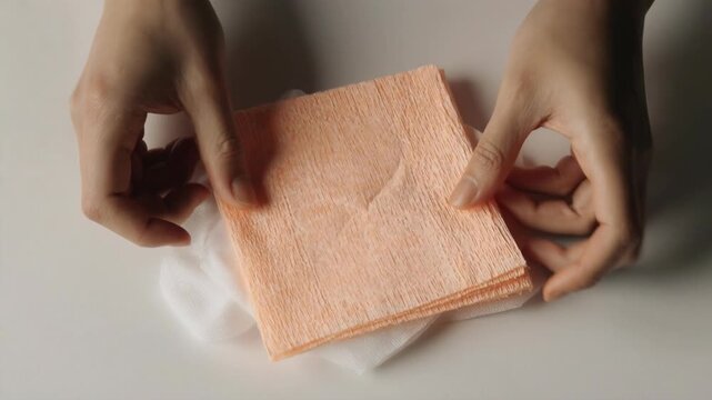 Hands holding white gauze and placing peach paper napkin on top. Top view of sanitary wipes comparison. Medical and hygiene supplies concept
