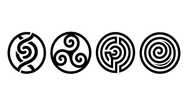 Abstract black circular labyrinth and spiral graphic symbols.