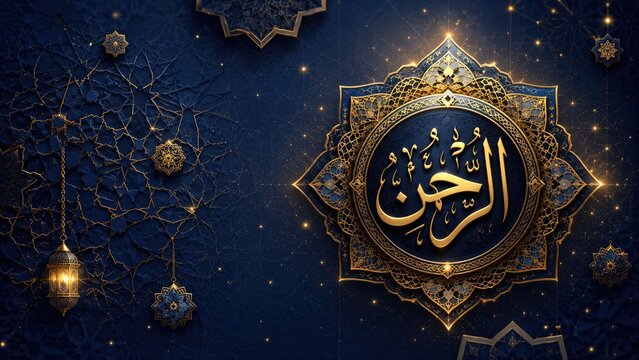 Luxurious Islamic Arabic calligraphy "Ar-Rahman" in gold on an ornate blue mandala with Islamic geometric patterns and hanging lanterns, elegant Ramadan or Eid greeting design