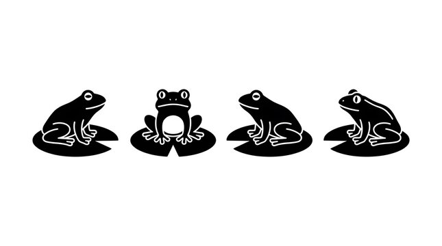Black frog silhouettes sitting on floating lily pads.