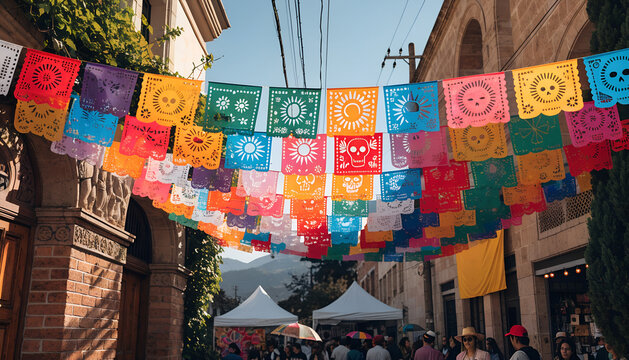 Colorful Papel Picado Banners Hanging Over A Festive Mexican Street Market Celebration