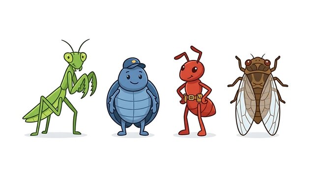 Colorful cartoon insect characters for nature education themes.