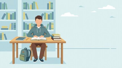 Fototapeta premium A student studying quietly in a school library during the everyday school day, medium shot, reading an open book at a table beside a notebook,