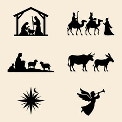 Fototapeta premium Nativity scene icons depicting religious Christmas story elements in black vector silhouettes.