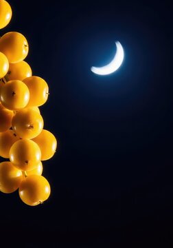 A cluster of small yellow chinaberry tree fruits hangs delicately against a dark sky with a glowing crescent half moon in the distance, gold, autumn, serene