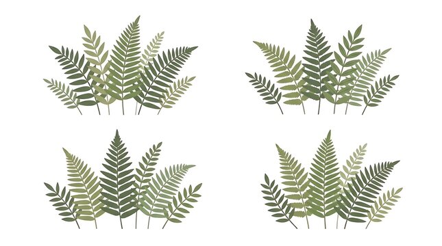 Green fern leaf fronds in decorative botanical arrangements.