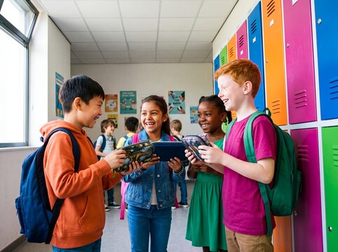students friends hallway lockers school education diversity books teenagers communication talk together between classes for friendship belonging peer support and inclusive high school campaigns