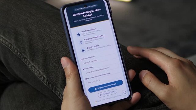 Hand preparing to request a legally binding residence statement via a mobile registry portal. Represents the global shift towards paperless bureaucracy and official digital certificates.