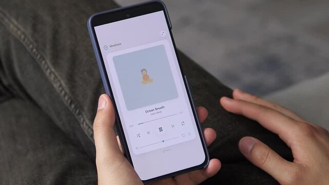 User resting with a meditation app paused mid-session. Represents the modern rise of digital therapeutics for managing daily anxiety and building mental resilience.