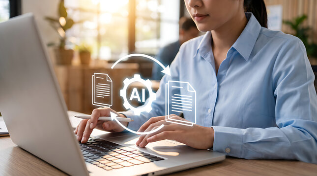 Artificial Intelligence and Digital Document Management Concept with Businesswoman Using Laptop for Smart Office Automation, Data Processing and Modern Technology