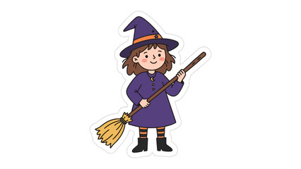 Little Witch with Broom: A charming illustration of a young witch in a pointed hat and purple dress, holding a broomstick, ready for Halloween magic and trick-or-treating.