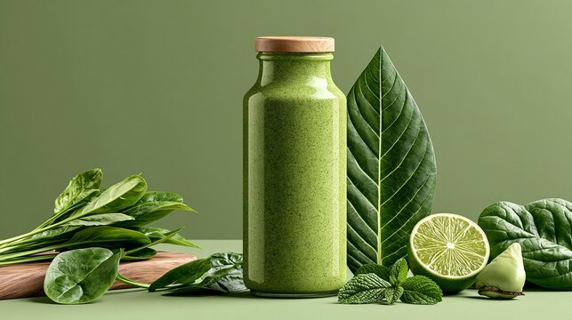 Fresh spinach leaves rest beside a vibrant green smoothie. Minimalist composition highlights health and vitality. The green hue evokes nature's energy and freshness. Perfect for wellness, nutrition