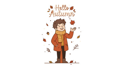 Autumn Greeting: A cheerful young boy in a warm coat and scarf smiles as he catches falling autumn leaves, celebrating the vibrant colors and cozy feelings of the season.