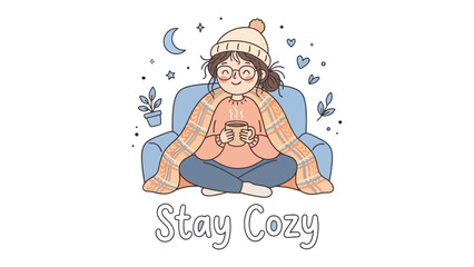 Cozy Comfort: A charming illustration depicts a young person bundled in a warm blanket, sipping a hot drink while relaxing on a comfy chair, evoking a feeling of warmth and tranquility.