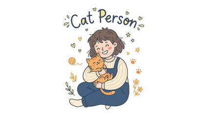 A Joyful Cat Person Embraces Their Feline Friend: A smiling young person, identified as a Cat Person, cuddles a happy orange cat, surrounded by whimsical autumn-themed illustrations and paw prints.
