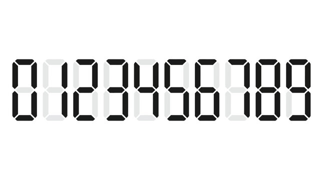Vector illustration of 7-segment digital numbers from zero to nine with active and inactive segments on a white background, illustrating time display and data counting functionality