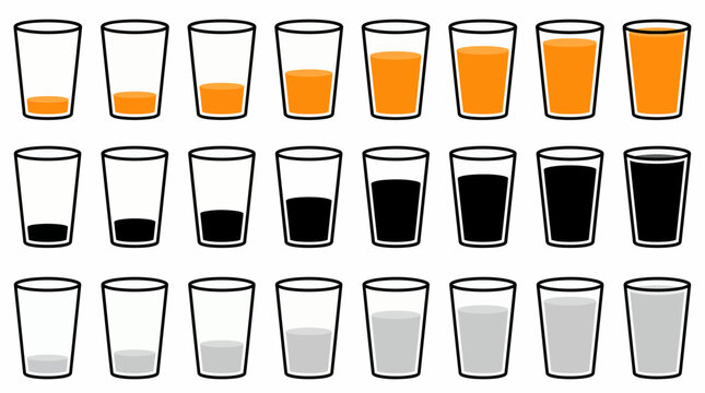 A grid of cartoon glasses showing incremental liquid levels in orange, black and grey, representing progress indicators and capacity measurements for various applications