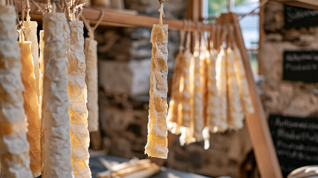 A single hand dipped taper candle hanging from a drying rack in a rural workshop, wax rippled from repeated coats, morning mist visible through a small window behind, automation productivity notes w