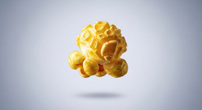 A single piece of golden popcorn hovers effortlessly in mid-air against a soft neutral background, capturing the essence of light snacking, frame, studio, organic