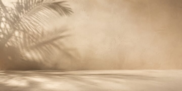 Warm beige greige plaster wall and palm shadow floor studio background with empty room perspective, neutral textured photo backdrop for product display, minimal mockup scene and soft copy space