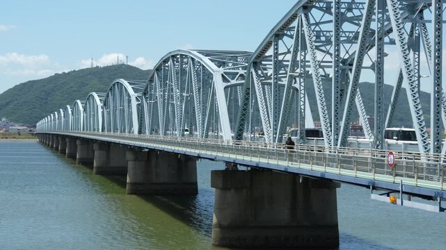Yoshino River Bridge (Yoshinogawa Bridge) with Mount Bizan