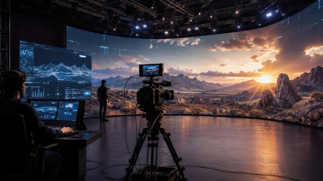 Virtual production studio with camera and control console filming a panoramic LED desert sunset landscape