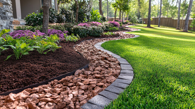 Beautifully Landscaped Garden Path with Lush Green Grass and Colorful Flowers