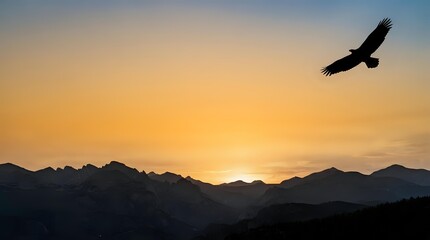 Naklejka premium Silhouette of soaring bird flying over mountain range at golden sunset, ideal for nature, wildlife, and inspirational themes.
