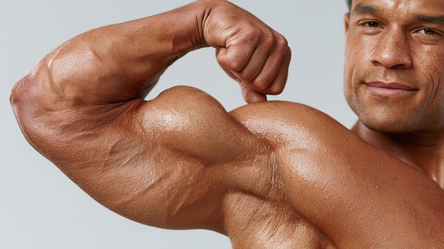 Muscular man flexes arm, glistening with sweat