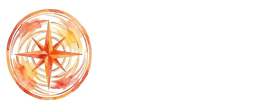 Watercolor compass rose in warm orange and red tones with intricate directional lines, suitable for navigation, travel, and adventure design projects.
