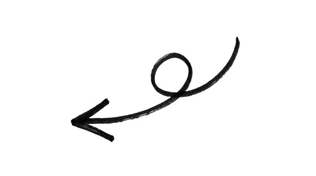 Curly Arrow Hand Drawn Black curly arrow hand drawn shape pointing left for direction pointer guide navigation and symbol on transparent background Set against a pure solid white background