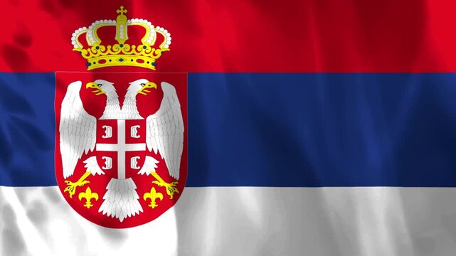 Waving flag of Serbia with national coat of arms and crown emblem
