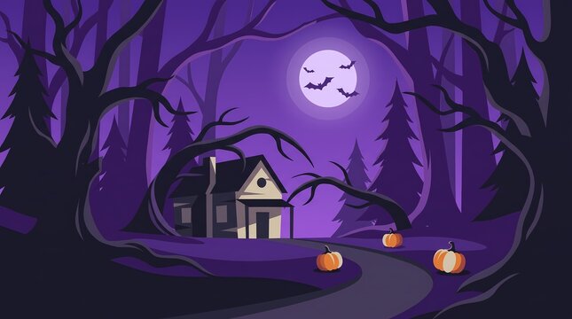 Spooky halloween vector landscape with haunted house full moon bats and orange pumpkins in purple forest