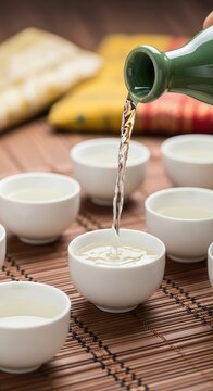 Clear rice wine flows gracefully into small ceramic cups resting on a traditional textured bamboo mat, featuring a soft blurred background, drink, ceramic, culture