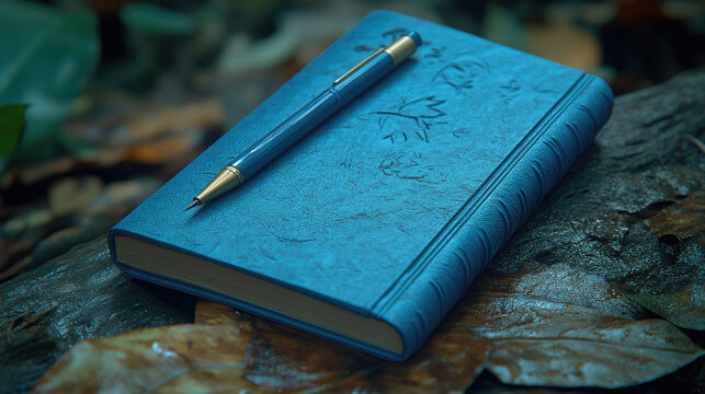 Blue Leather Journal with Golden Pen Resting on a Wet Log in Autumn Forest
