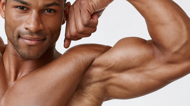 Strong, defined muscles highlight a confident, athletic man. He smiles gently, showing self-assuredness and pride.