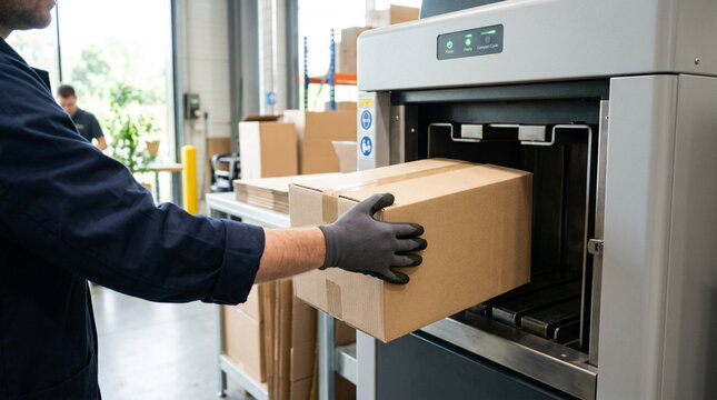 Industrial warehouse worker in blue workwear and protective gloves loading a cardboard box into a compacting machine for recycling or packaging in a logistics fulfillment center.