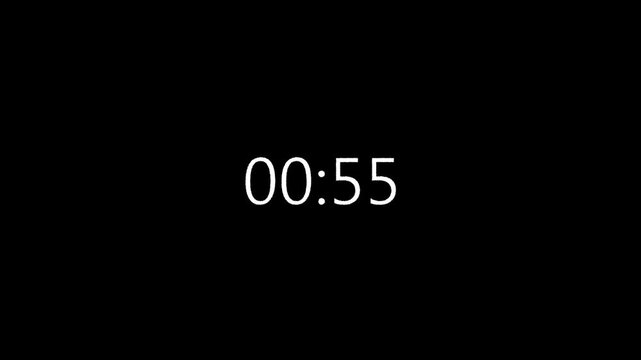 Minimal one minute countdown from 01:00 to 00:00 using thin elegant white numerals on black, perfect for clean presentations, video timers, breaks, and timed scenes.