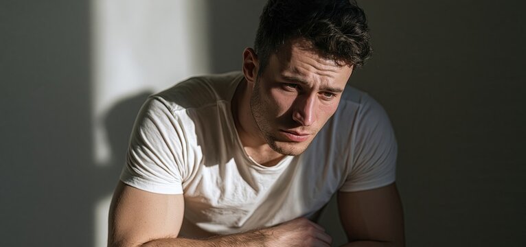 Alone in subdued lighting, a man reflects deeply, highlighting themes of anxiety and emotional solitude.