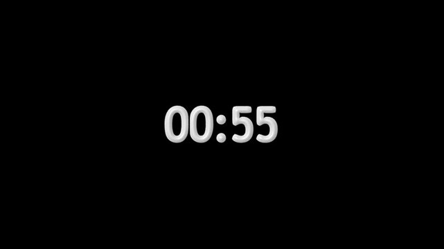 One minute countdown timer from 01:00 to 00:00 in rounded white digits with a subtle gray shadow on black, ideal for videos, presentations, breaks, and time limits.