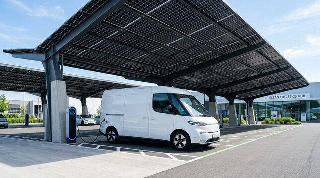 White electric delivery van plugged into a charging station at a clean logistics hub under a solar panel canopy carport, sustainable green transport and commercial infrastructure.