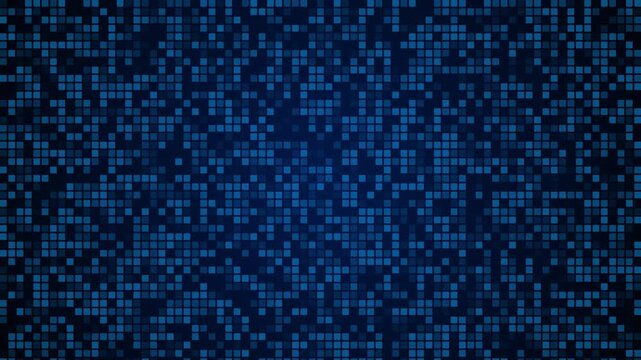 Abstract blue technology grid motion background with flickering square pixels for digital data concept.