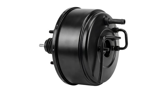 Automotive vacuum brake booster on white background.