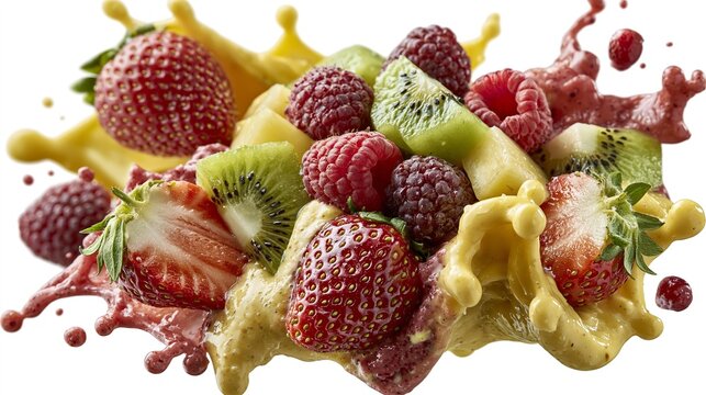 Vibrant fruits splash against a clean white background. Strawberries, kiwi, blueberries, raspberries, blackberries, and mint.