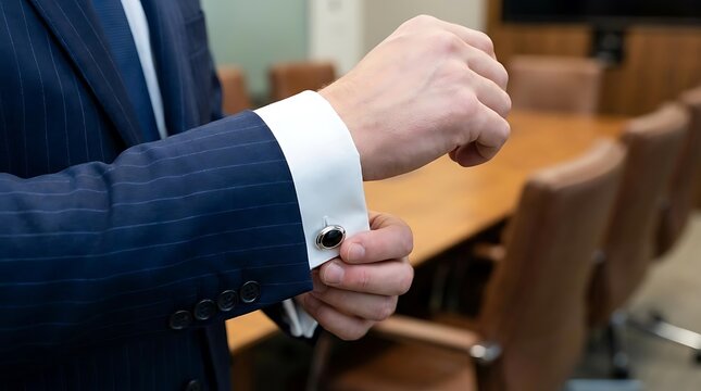 Businessman in suit adjusting cufflinks in conference room.