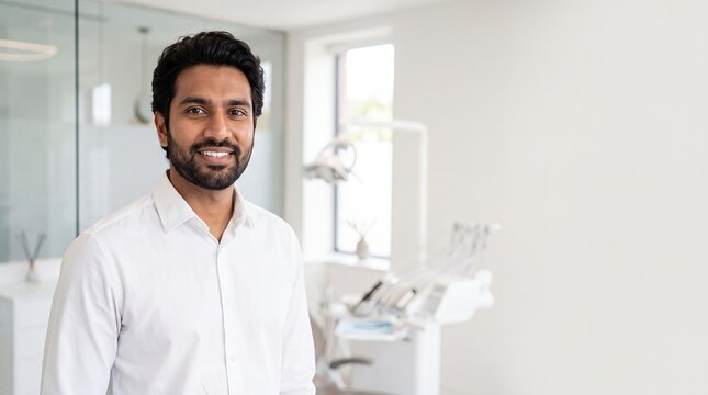 smiling dental patient man clinic portrait dentistry healthcare confidence wellness smiles in white clothing inside a bright clinic for patient trust branding websites and oral wellness campaigns