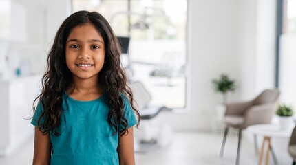 Fototapeta premium smiling child dental patient girl clinic pediatric dentistry healthcare portrait smiles in teal clothing inside a friendly practice for pediatric care branding family websites and positive visits