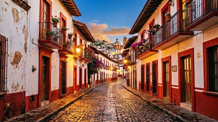 Fototapeta premium Cobblestone Street With Balconies and Flower Boxes in a Spanish Town at Dusk