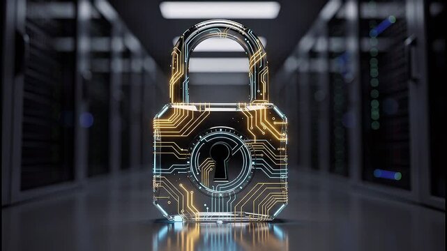 Glowing cyan circuit board padlock in dark server room for cybersecurity concept