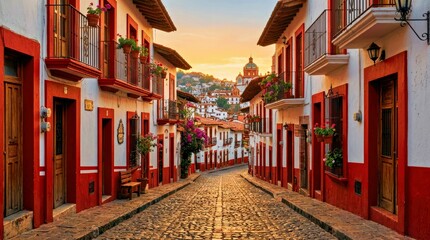 Fototapeta premium Colonial Street in Mexico With Cobblestone Road and White and Red Buildings